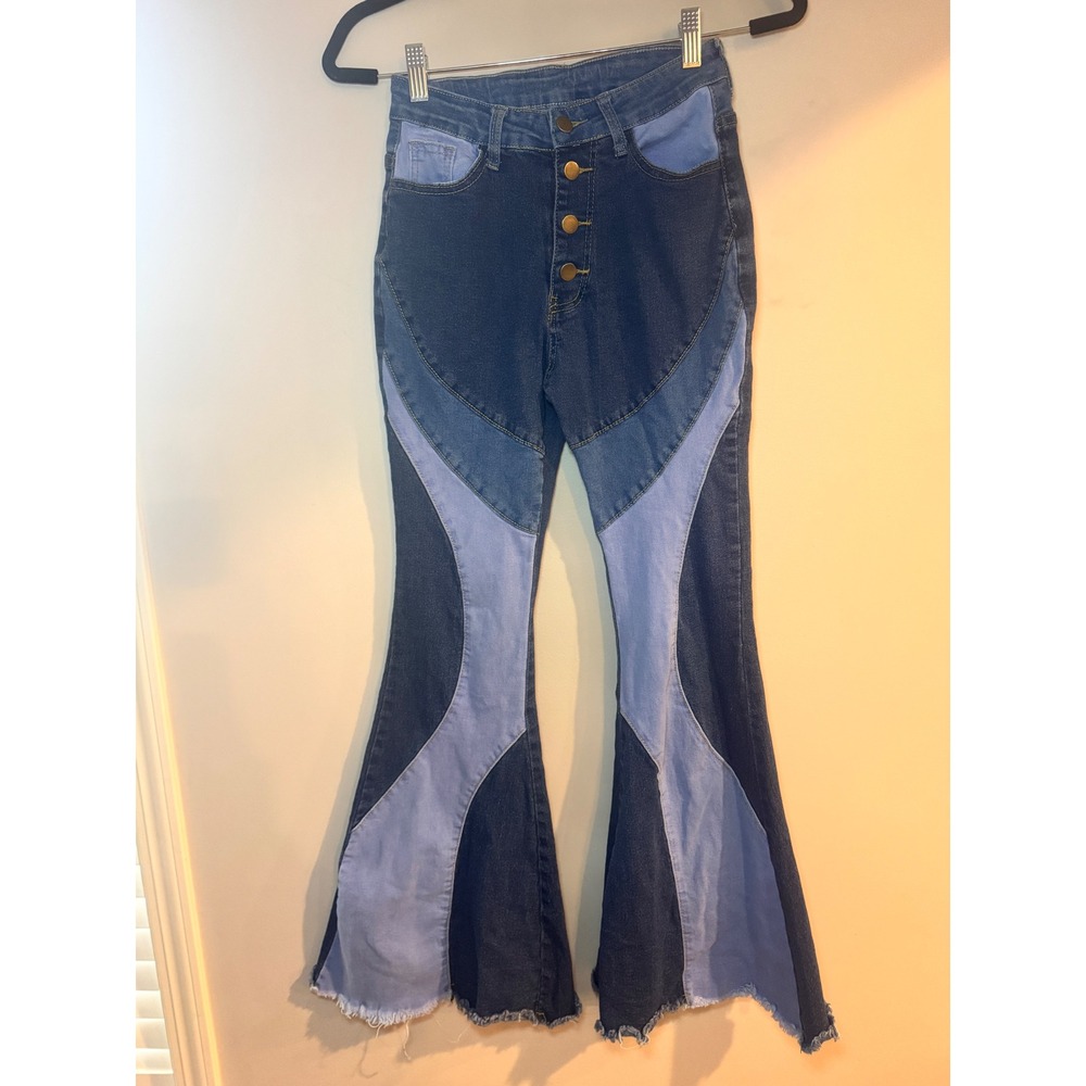 Patchwork Flare Bell Bottom Jeans Blue Multi Tone High Waisted Raw Hem Small